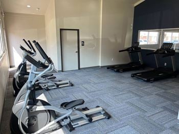 A gym with treadmills and elliptical machines